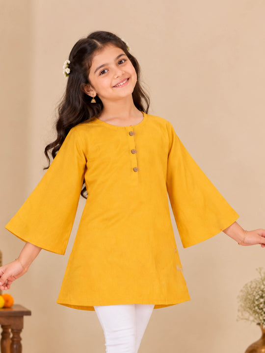Kiddopanti Girls Rayon Woven Flared Sleeves Solid A-Line Short Kurti with Button Placket