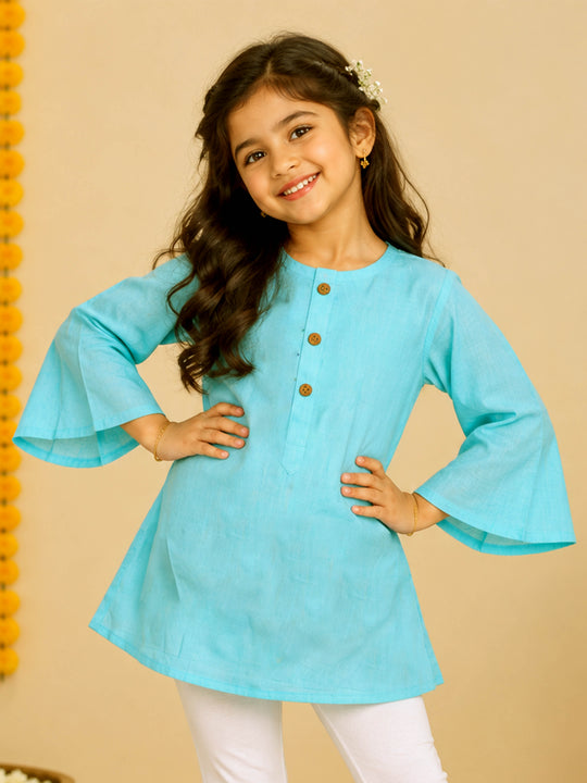 Kiddopanti Girls Rayon Woven Flared Sleeves Solid A-Line Short Kurti with Button Placket