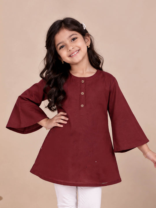 Kiddopanti Girls Rayon Woven Flared Sleeves Solid A-Line Short Kurti with Button Placket