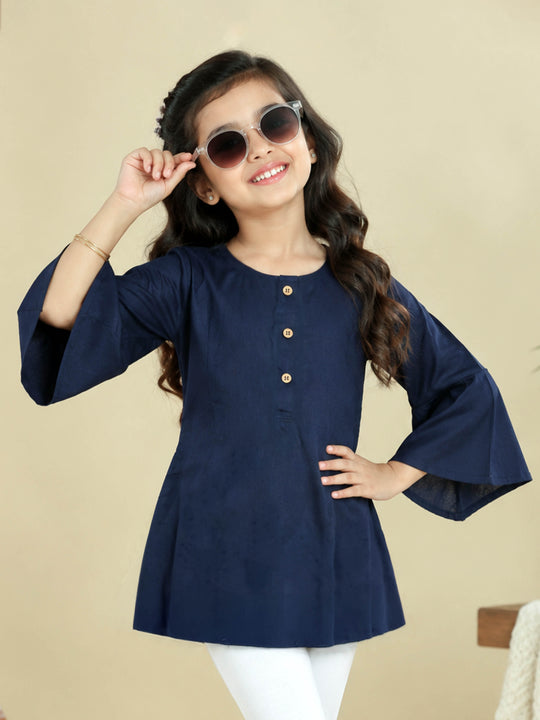 Kiddopanti Girls Rayon Woven Flared Sleeves Solid A-Line Short Kurti with Button Placket