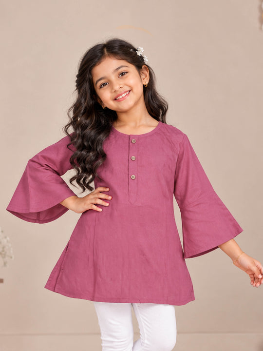 Kiddopanti Girls Rayon Woven Flared Sleeves Solid A-Line Short Kurti with Button Placket