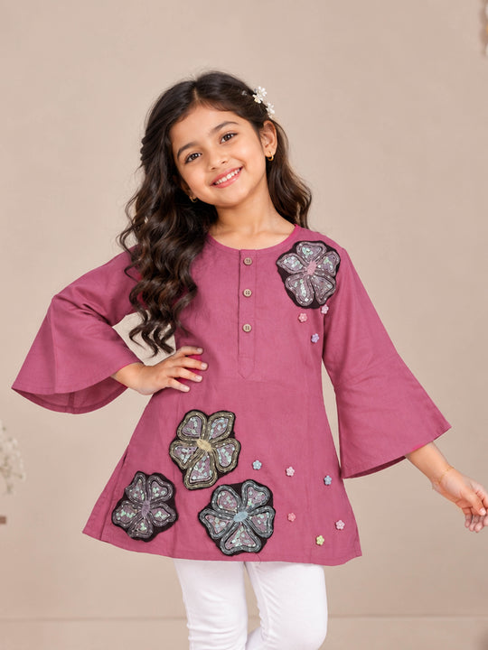 Kiddopanti Girls Rayon Woven Flared Sleeves Geometric Applique A-Line Short Kurti with Button Placket