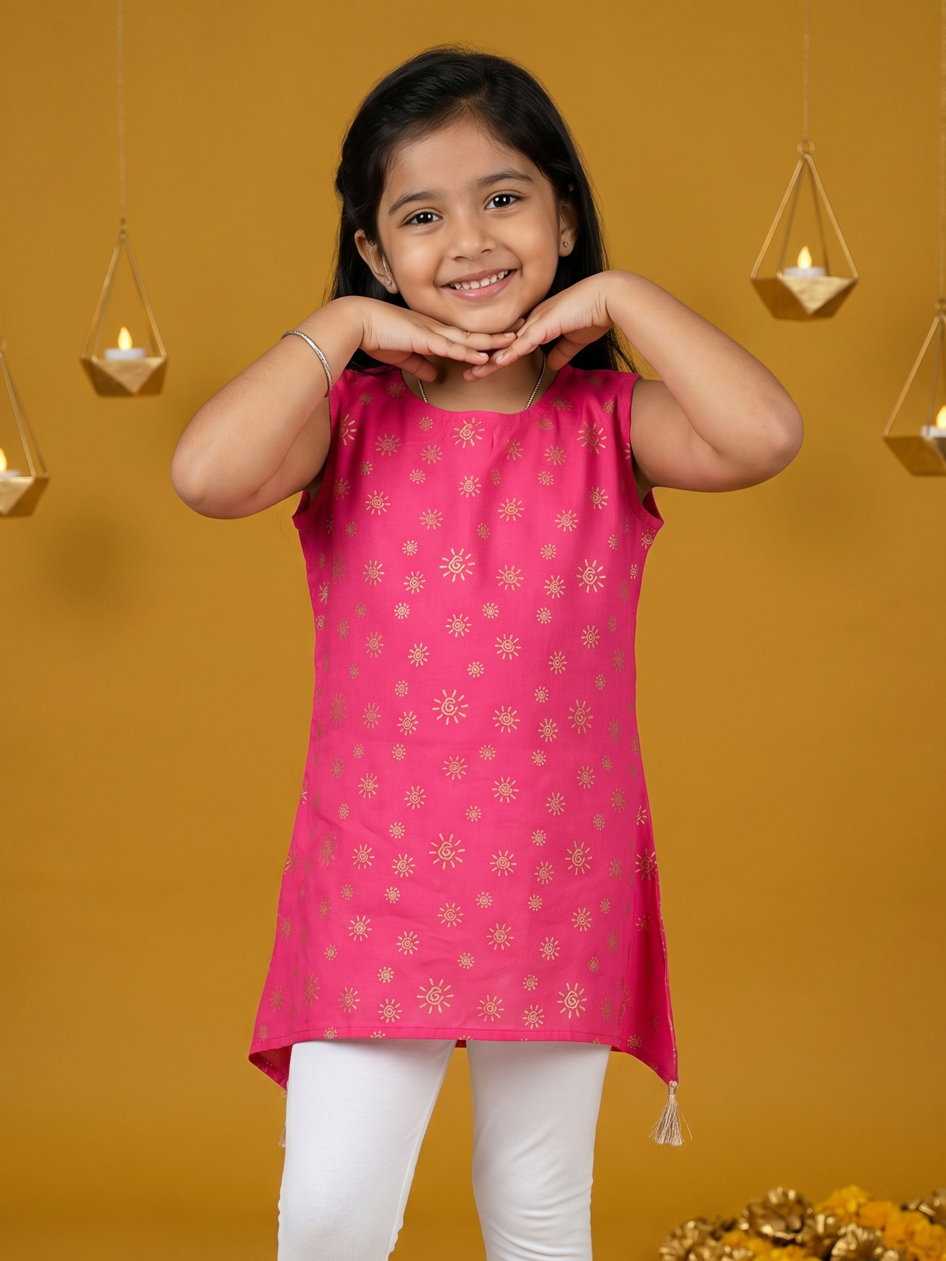 Kiddopanti Girls Rayon Woven Sleeveless Gold foil Printed Short Asymmetric kurta