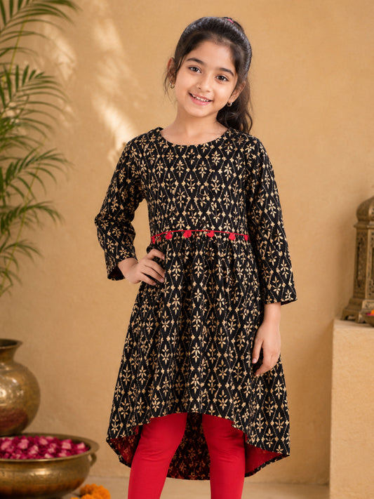 Kiddopanti Rayon Woven 3/4th Sleeves Asymmetric Hem With Motif Printed Design Kurta