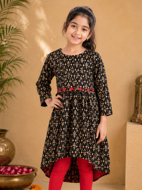 Kiddopanti Rayon Woven 3/4th Sleeves Asymmetric Hem With Motif Printed Design Kurta