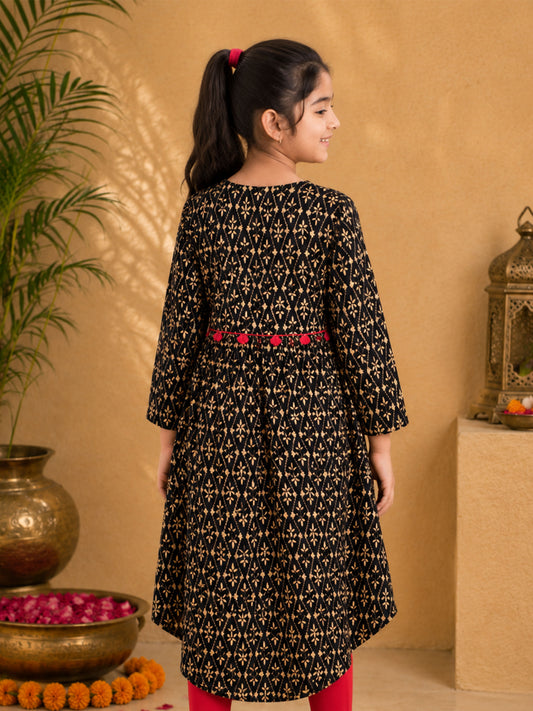 Kiddopanti Rayon Woven 3/4th Sleeves Asymmetric Hem With Motif Printed Design Kurta