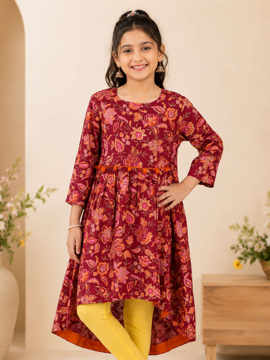 Kiddopanti Rayon Woven 3/4th Sleeve Asymmetric Hem With Motif Printed Design Kurta