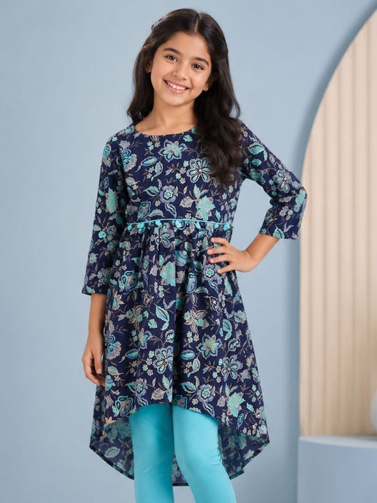 Kiddopanti Rayon Woven 3/4th Sleeve Asymmetric Hem With Motif Printed Design Kurta