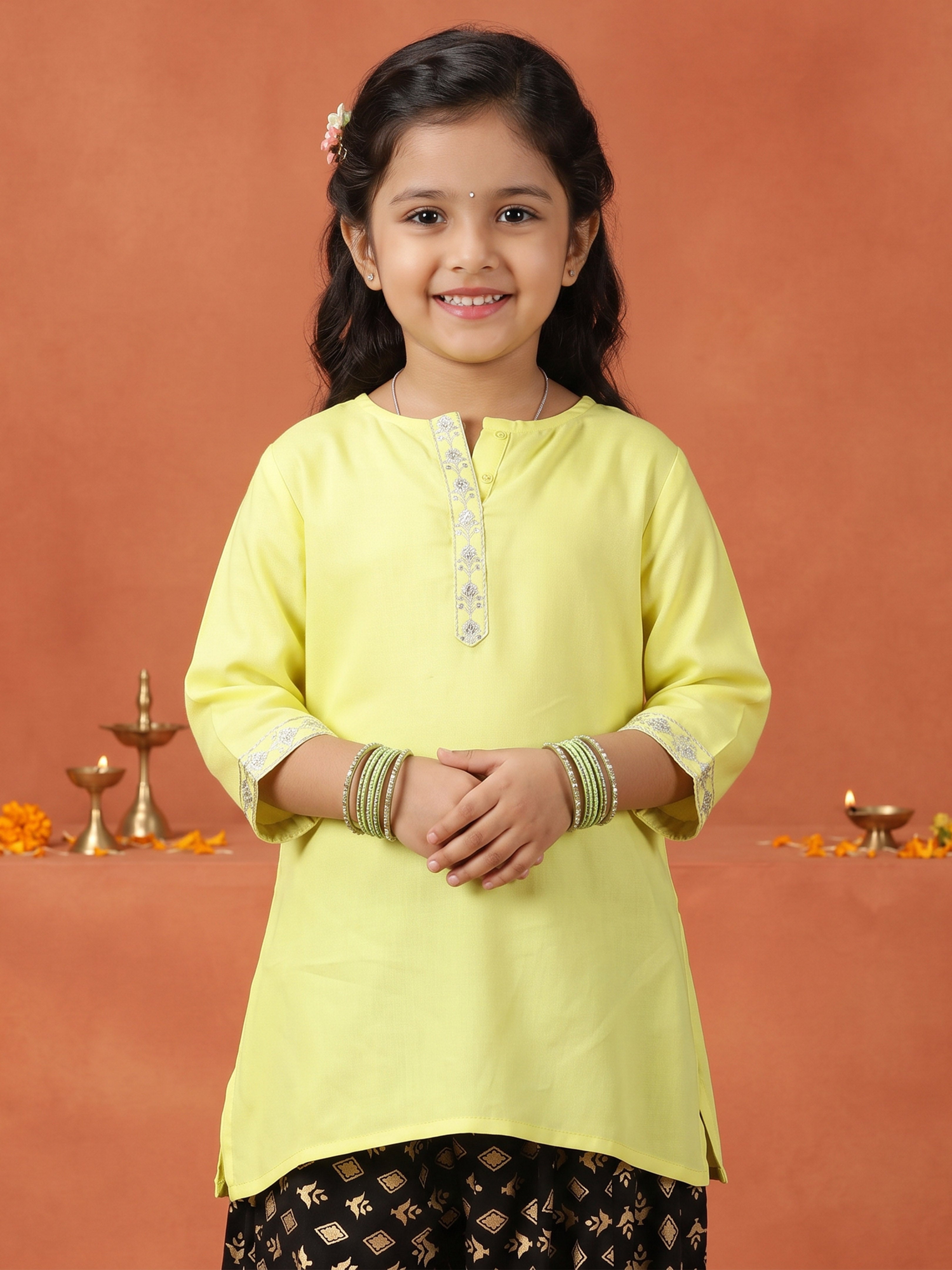 Kiddopanti Girls Rayon Woven 3/4Th Sleeves Solid Short Kurta