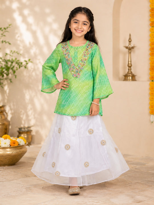 Kiddopanti Girls Georgette Leheriya Printed Kurta with Embroidered Yoke Lace & Flared Organza Skirt Set