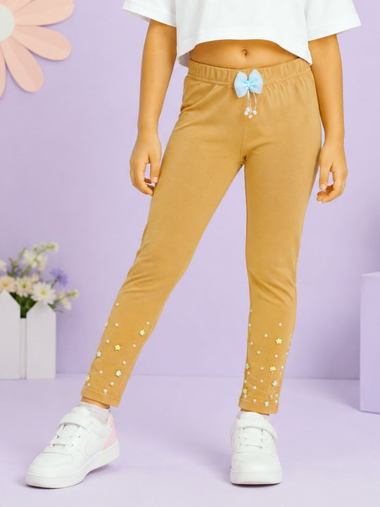 Kiddopanti Girls Cotton Spandex Floral Applique & Pearl Embellished Ankle Length Leggings
