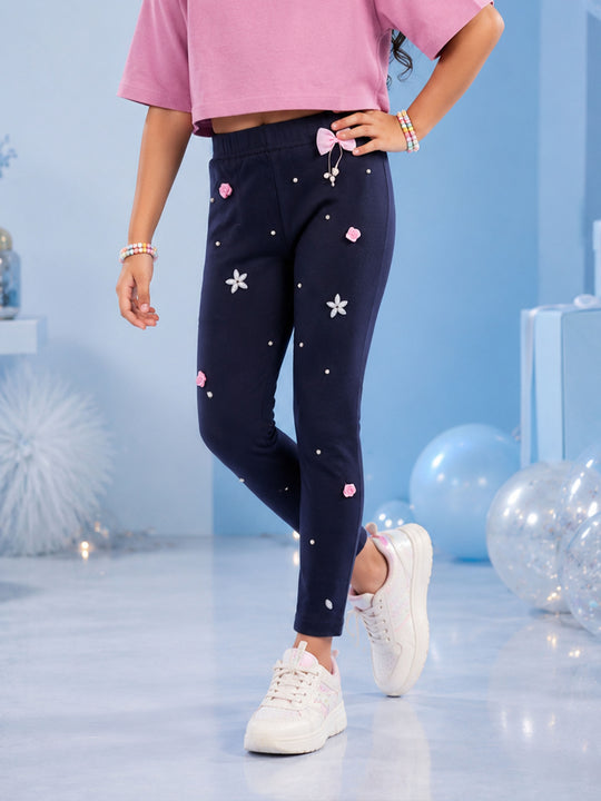 Kiddopanti Girls Cotton Spandex Floral Applique & Pearl Embellished Ankle Length Leggings