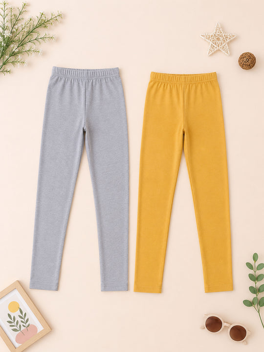 Kiddopanti Girls Cotton Spandex Solid Skinny Fit Ankle Length Leggings Pack of 2