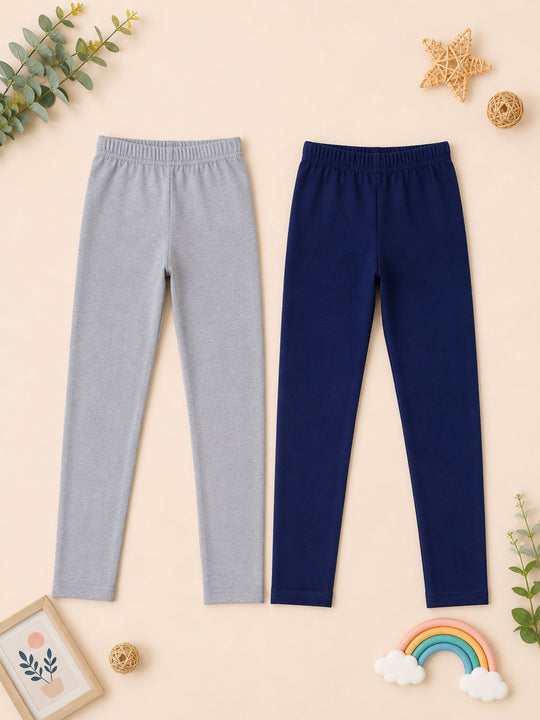 Kiddopanti Girls Cotton Spandex Solid Skinny Fit Ankle Length Leggings Pack of 2