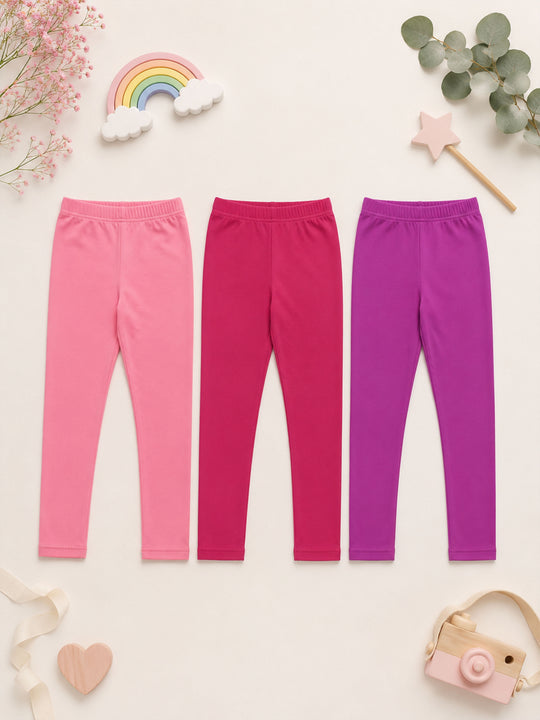 Kiddopanti Girls Cotton Spandex Solid Knitted Ankle Length Tight Fit Legging Pack of 3