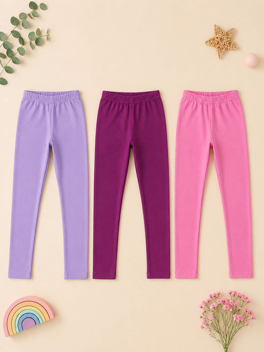 Kiddopanti Girls Cotton Spandex Solid Skinny Fit Ankle Length Leggings Pack of 3