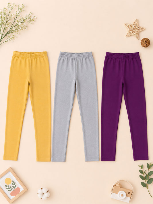 Kiddopanti Girls Cotton Spandex Solid Skinny Fit Ankle Length Leggings Pack of 3