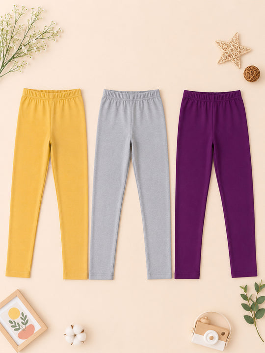 Kiddopanti Girls Cotton Spandex Solid Skinny Fit Ankle Length Leggings Pack of 3
