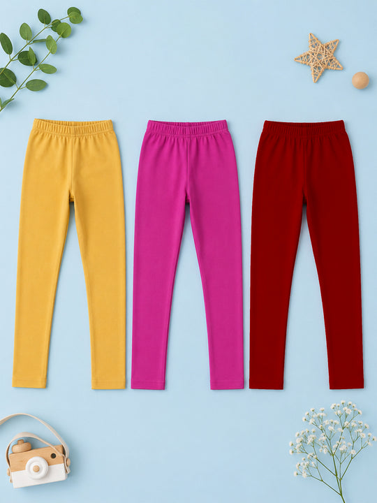 Kiddopanti Girls Cotton Spandex Solid Skinny Fit Ankle Length Leggings Pack of 3