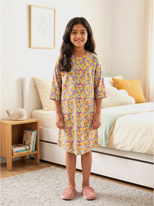 Kiddopanti Girls Cotton Knit Floral Printed Night Dress