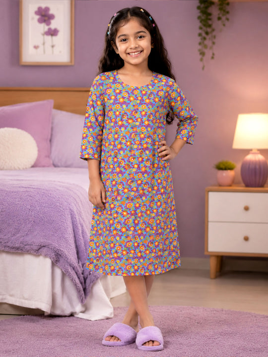 Kiddopanti Girls Cotton Knit Floral Printed Night Dress