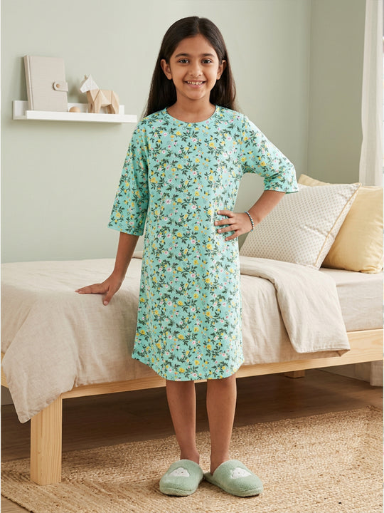 Kiddopanti Girls Cotton Knit Floral Printed Night Dress