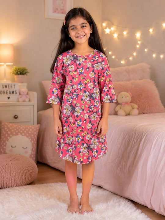 Kiddopanti Girls Cotton Knit Floral Printed Night Dress