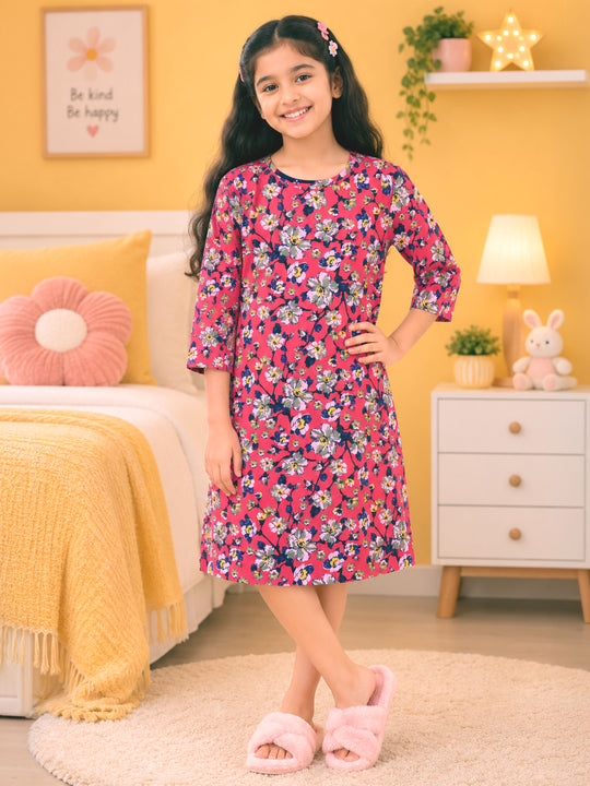 Kiddopanti Girls Cotton Knit Floral Printed Night Dress
