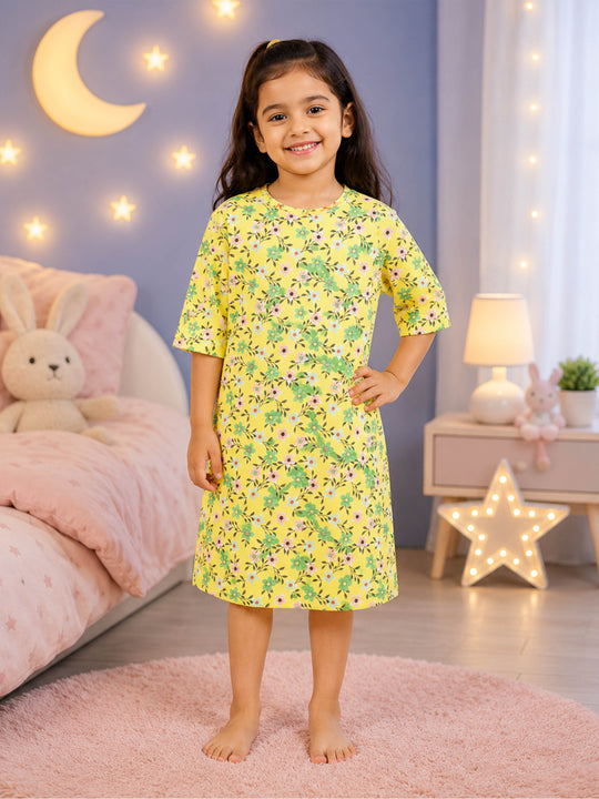 Kiddpanti Girls Cotton Knit Three Fourth Sleeves Night Dress