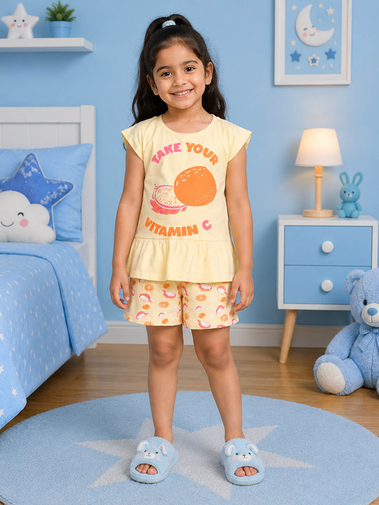 Kiddopanti Girls Cotton Knit Cap Sleeves Printed T-Shirt and All Over Printed Shorts Set