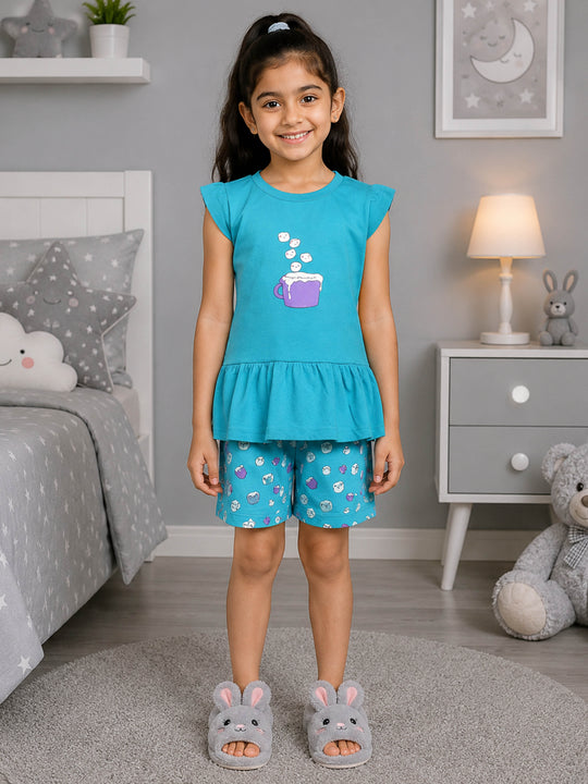 Kiddopanti Girls Cotton Knit Cap Sleeves Printed T-Shirt and All Over Printed Shorts Set