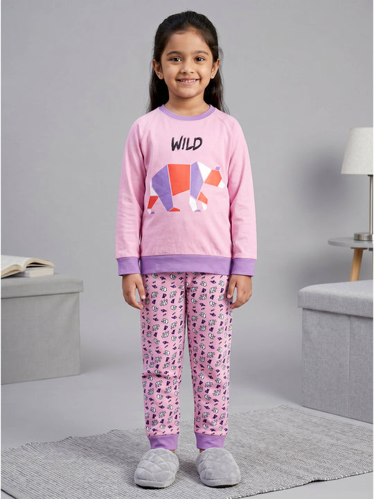 Kiddopanti Girls Cotton Knit Printed T-Shirt and All Over Graphic Printed Pant Set