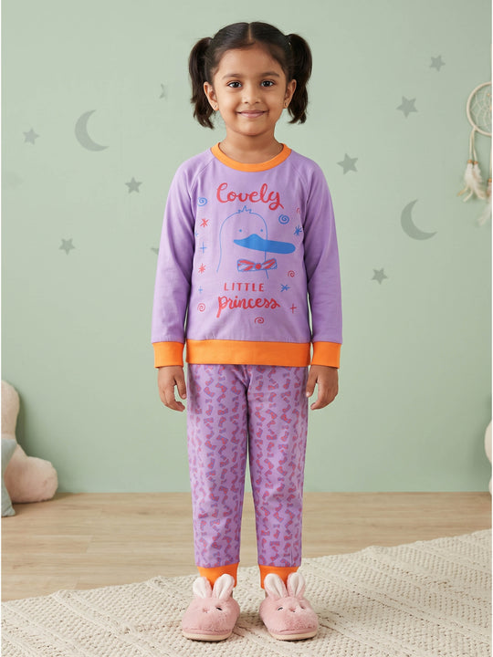Kiddopanti Girls Cotton Knit Printed T-Shirt and All Over Graphic Printed Pant Set