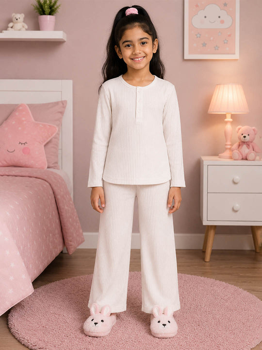 Kiddopanti Girls Cotton Knit Drop Needle Solid Henley Neck T-Shirt and Pyjama Night Set