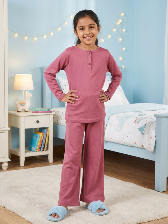 Kiddopanti Girls Full Sleeves Solid Henley Neck T-Shirt and Pyjama Night Set