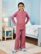 Kiddopanti Girls Full Sleeves Solid Henley Neck T-Shirt and Pyjama Night Set - Mauve / 3-4Y