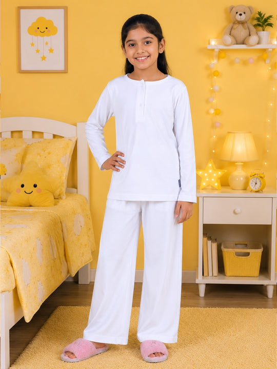 Kiddopanti Girls Full Sleeves Solid Henley Neck T-Shirt and Pyjama Night Set