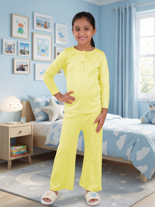 Kiddopanti Girls Full Sleeves Solid Henley Neck T-Shirt and Pyjama Night Set