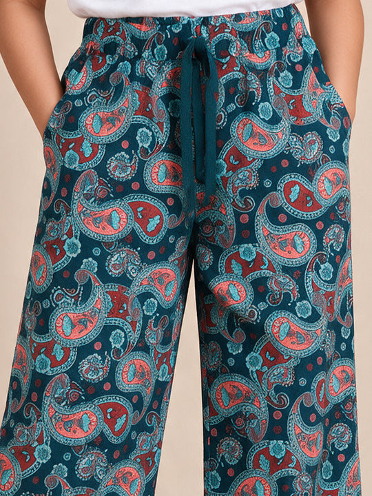 Kiddopanti Girls Cotton Graphic All Over Printed Wide Leg Pyjama Pants