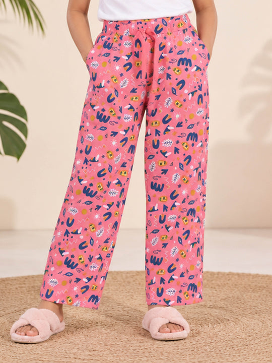 Kiddopanti Girls Cotton Graphic All Over Printed Wide Leg Pyjama Pants