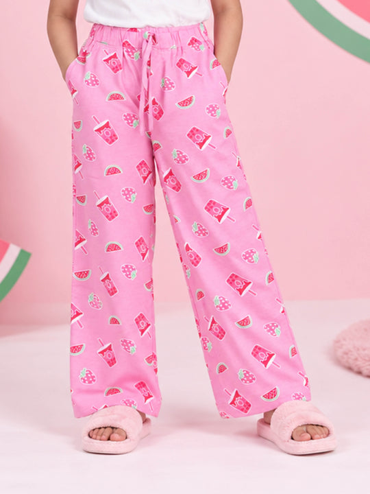 Kiddopanti Girls Cotton Graphic All Over Printed Wide Leg Pyjama Pants