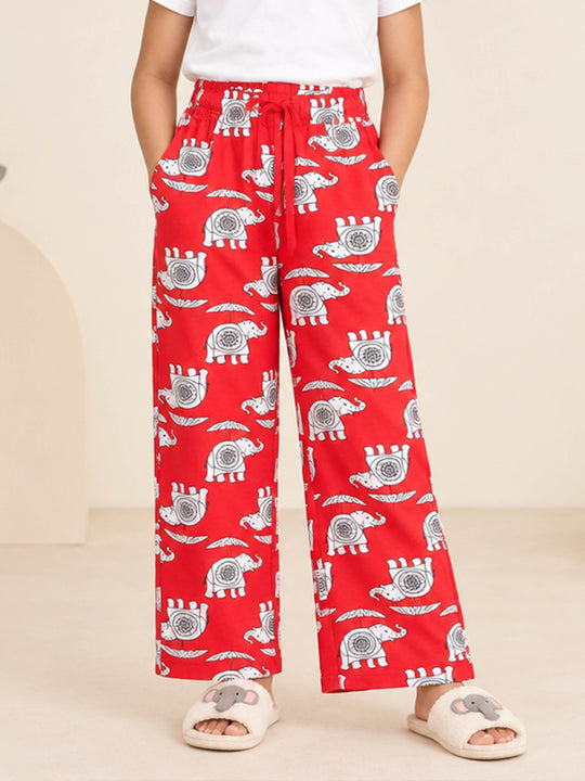 Kiddopanti Girls Cotton Graphic All Over Printed Wide Leg Pyjama Pants