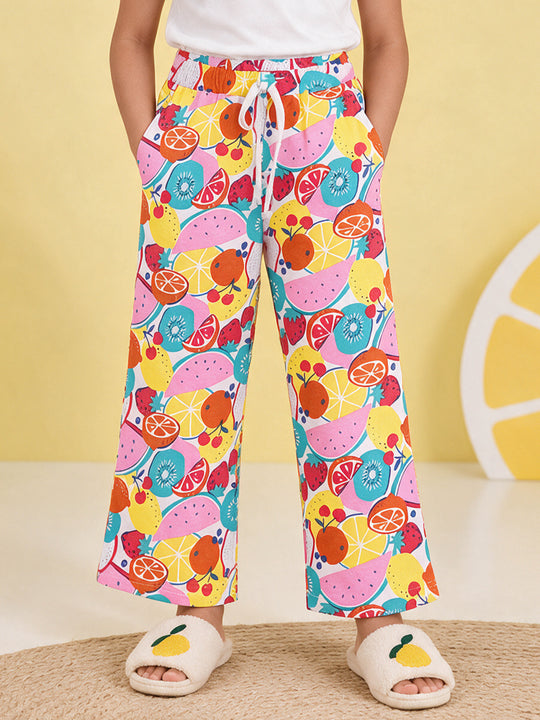 Kiddopanti Girls Cotton Graphic All Over Printed Wide Leg Pyjama Pants