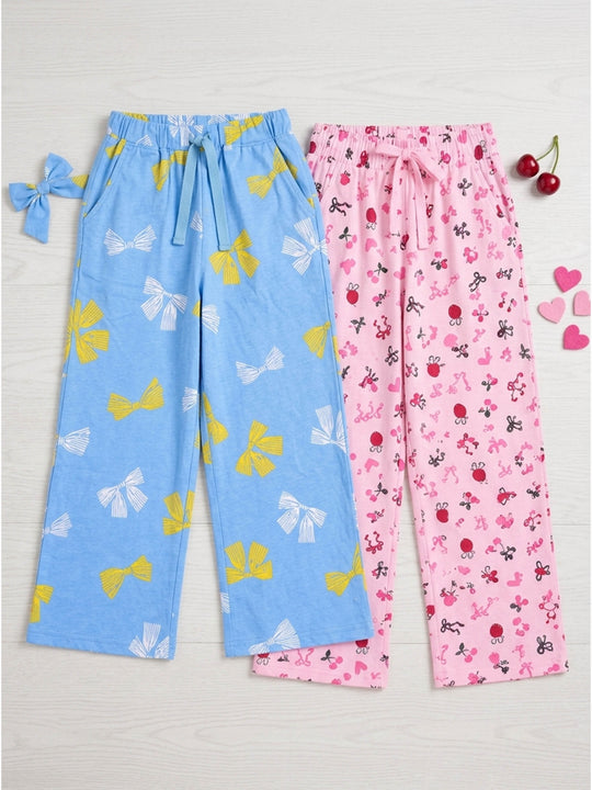 Kiddopanti Girls Cotton Graphic All Over Printed Wide Leg Pyjama Pants Pack of 2