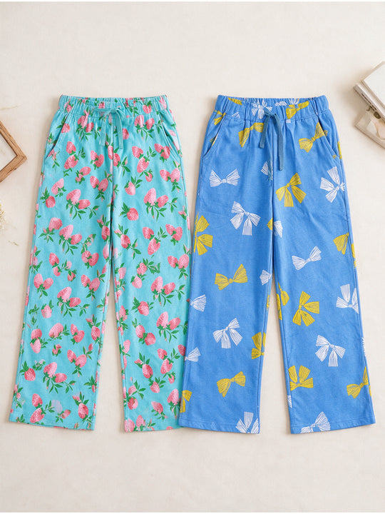 Kiddopanti Girls Cotton Graphic All Over Printed Wide Leg Pyjama Pants Pack of 2