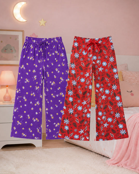 Kiddopanti Girls Cotton All-Over Graphic Printed Pyjama Pant Pack of 2