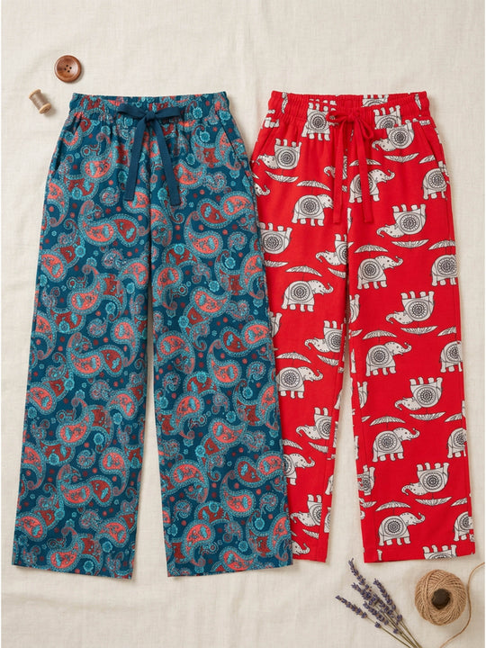 Kiddopanti Girls Cotton Graphic All Over Printed Wide Leg Pyjama Pants Pack of 2
