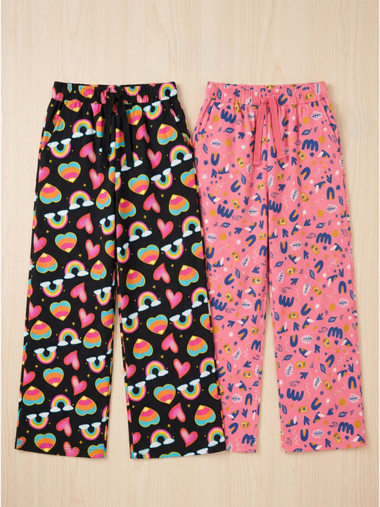 Kiddopanti Girls Cotton Graphic All Over Printed Wide Leg Pyjama Pants Pack of 2