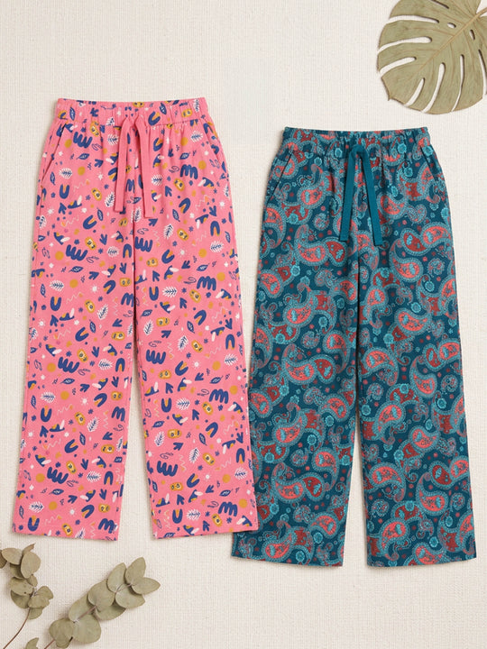 Kiddopanti Girls Cotton Graphic All Over Printed Wide Leg Pyjama Pants Pack of 2