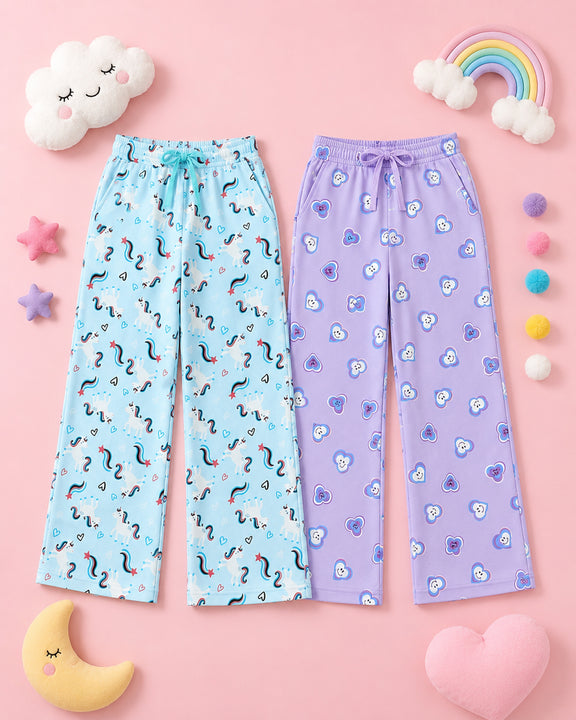 Kiddopanti Girls Cotton All-Over Graphic Printed Pyjama Pant Pack of 2